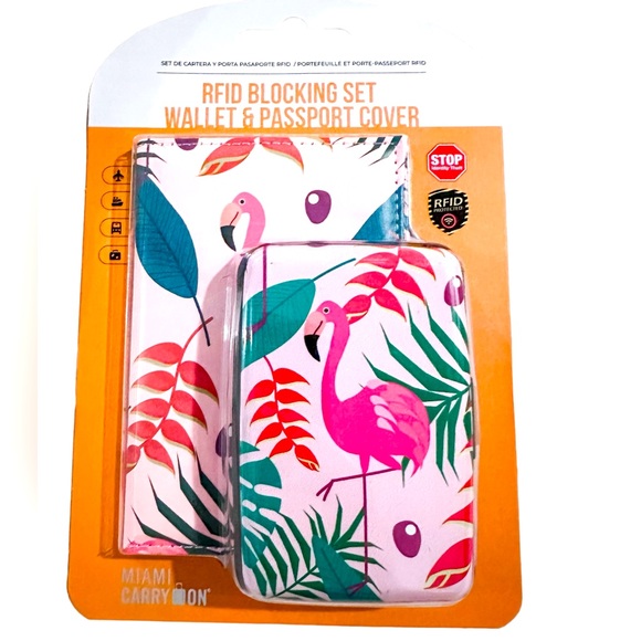 Miami Carry On 2 Pcs Set of Wallet & Passport Cover RFID Blocking, Flamingo, NEW - Picture 1 of 2